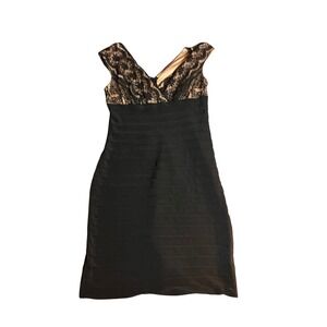 Adrianna Papell Petite Black Lace Tiered Bandage Cocktail Dress 8P  Wedding